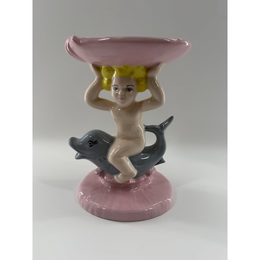 Vtg Holland Mold Cherub Dolphin Soap Dish Stand Rare Color Girl 1970s Whimsical